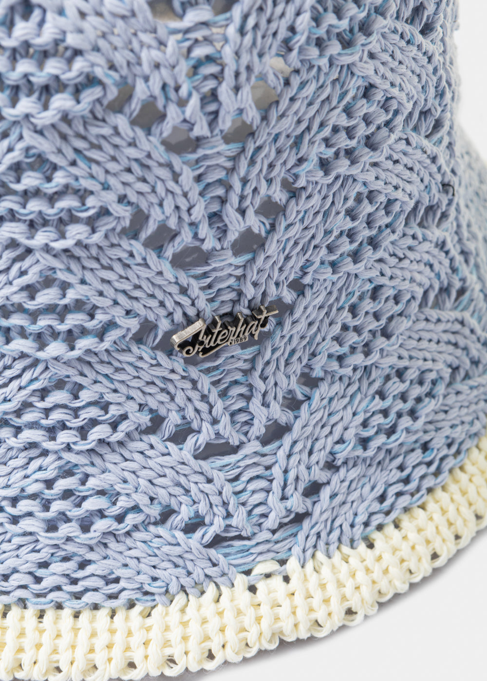Light Blue Knitted Bucket Style Hat W/ Ecru Outline