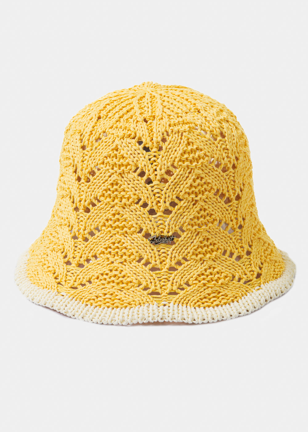 Yellow Knitted Bucket Style Hat W/ Ecru Outline