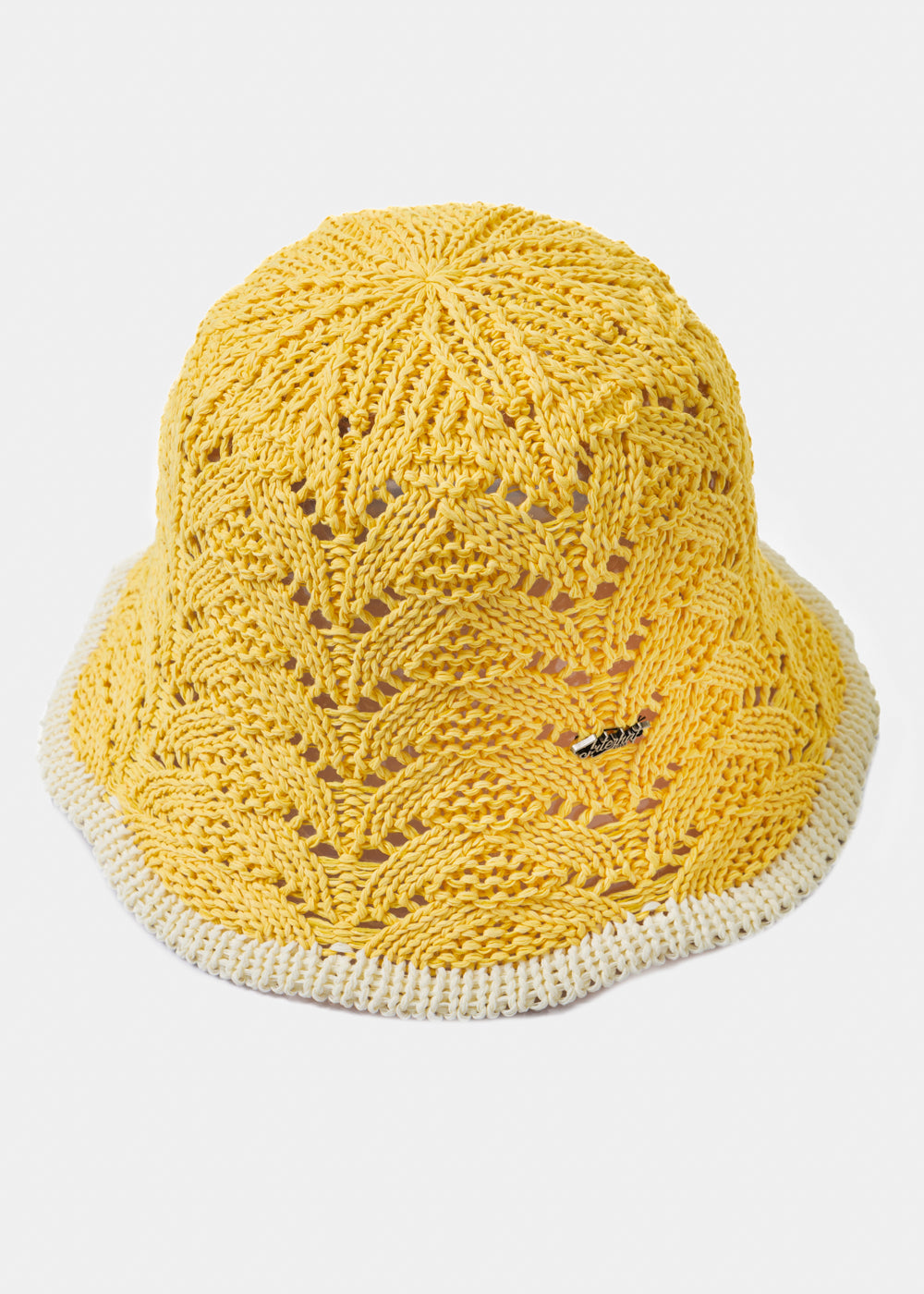 Yellow Knitted Bucket Style Hat W/ Ecru Outline