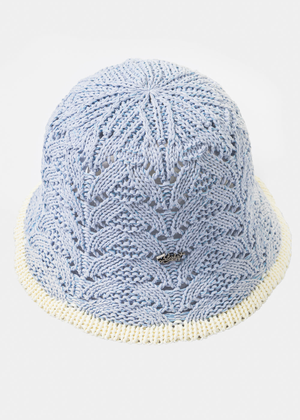 Light Blue Knitted Bucket Style Hat W/ Ecru Outline